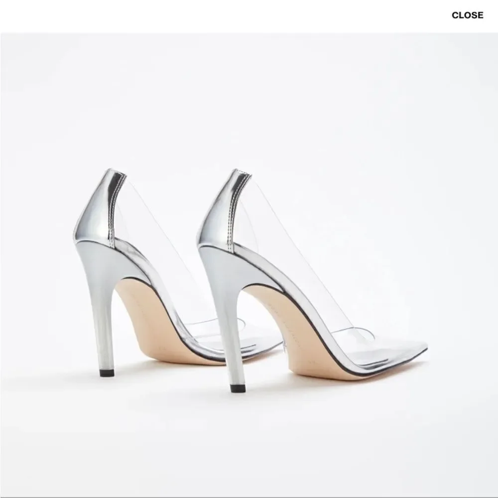 Good American Clear PVC Pointed Toe Stiletto Heels with Silver Trim